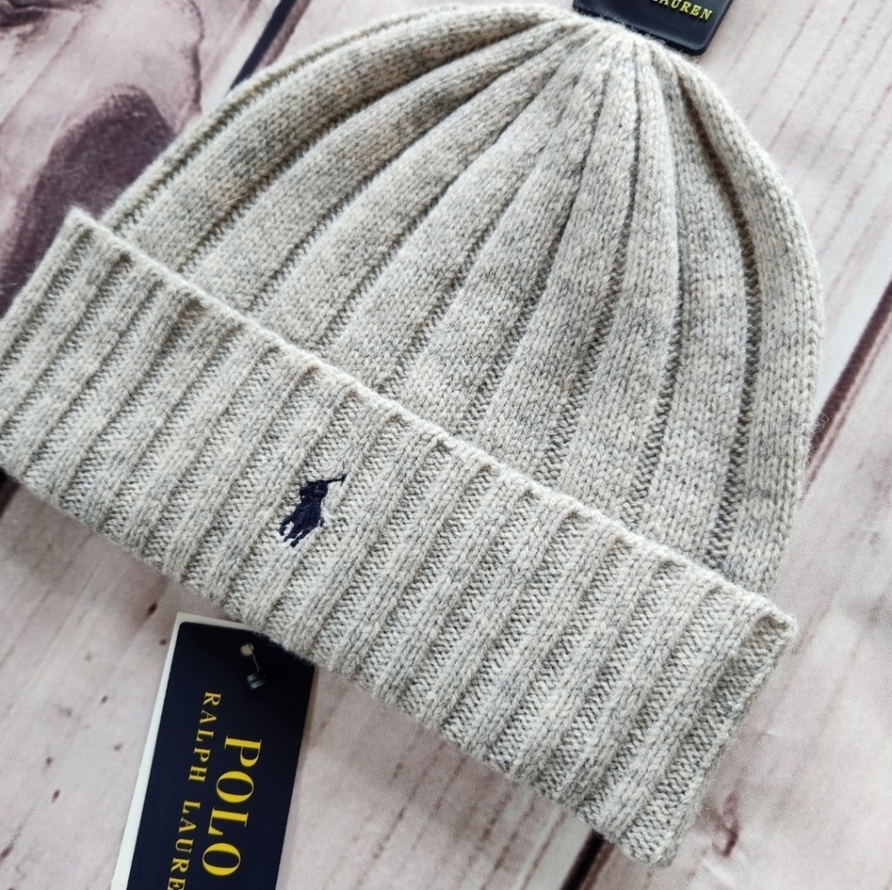 NWT Polo Ralph Lauren Beanie Wool Blend Rib Knit Cuff Pony Logo Grey Unisex - Picture 2 of 6